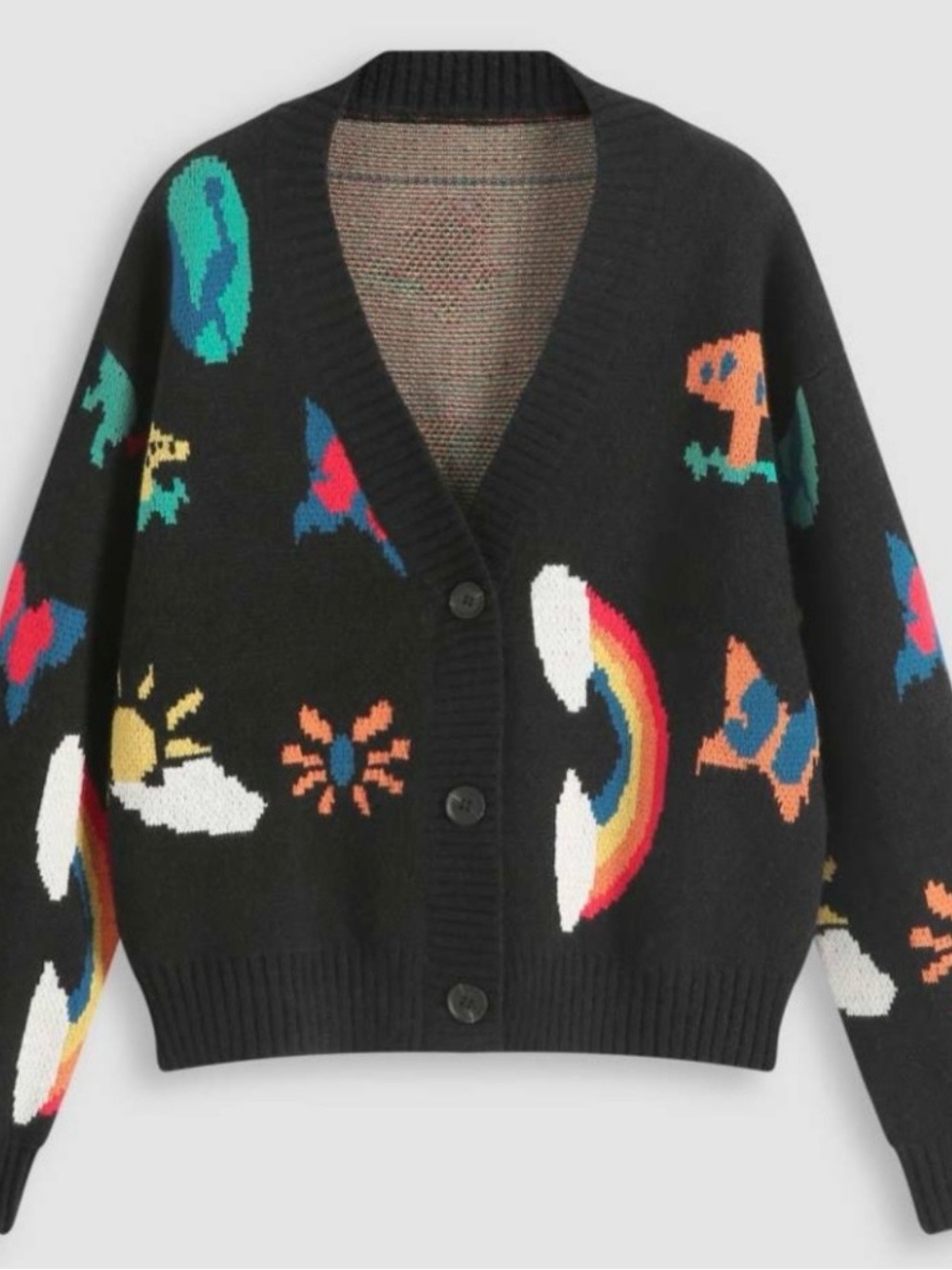 Cider Black Rainbow Motif V-Neck Button Cardigan Sweater